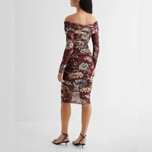 Express Body Contour Mesh Floral Off The Shoulder Ruched Midi